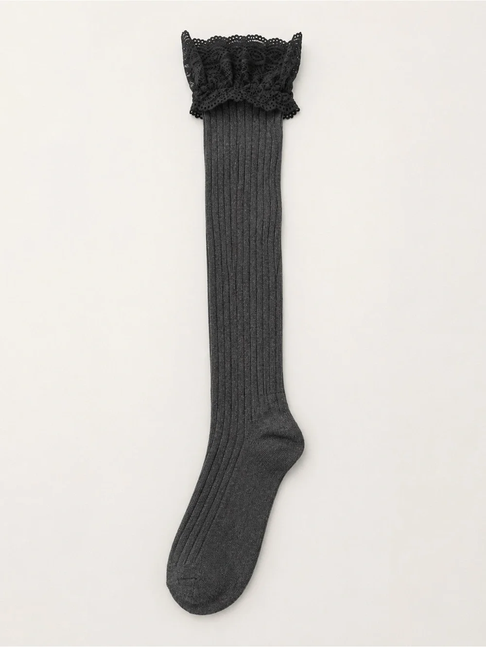 Ribbed Knee-High Socks with Black Lace Cuff for Women Charcoal NWT